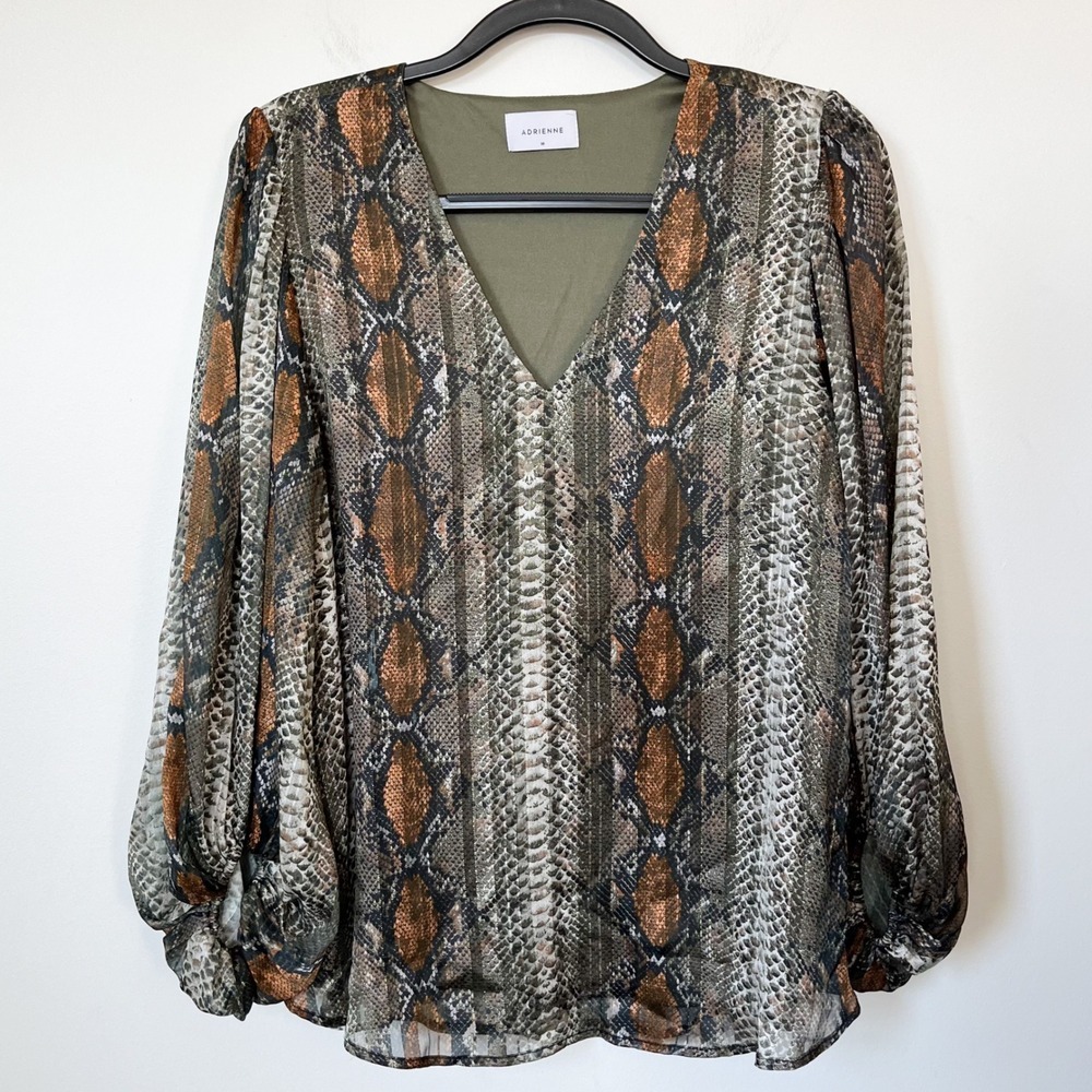 Adrienne Snake Print Balloon‎ Sleeve V-Neck Blouse Womens Medium Green Brown
